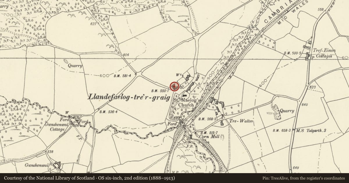 Ordnance Survey six-inch map, 2nd edition (1888–1913) covering the location of Barn range opposite St Maelog, Felin-Fach, Powys, with a pin at the register's coordinates