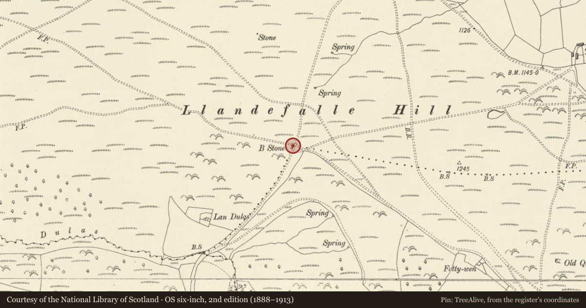 Ordnance Survey six-inch map, 2nd edition (1888–1913) covering the location of Boundary stone on Llandyfalle Hill, Felin-Fach, Powys, with a pin at the register's coordinates