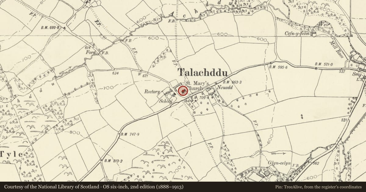 Ordnance Survey six-inch map, 2nd edition (1888–1913) covering the location of Church of Saint Mary, Felin-Fach, Powys, with a pin at the register's coordinates