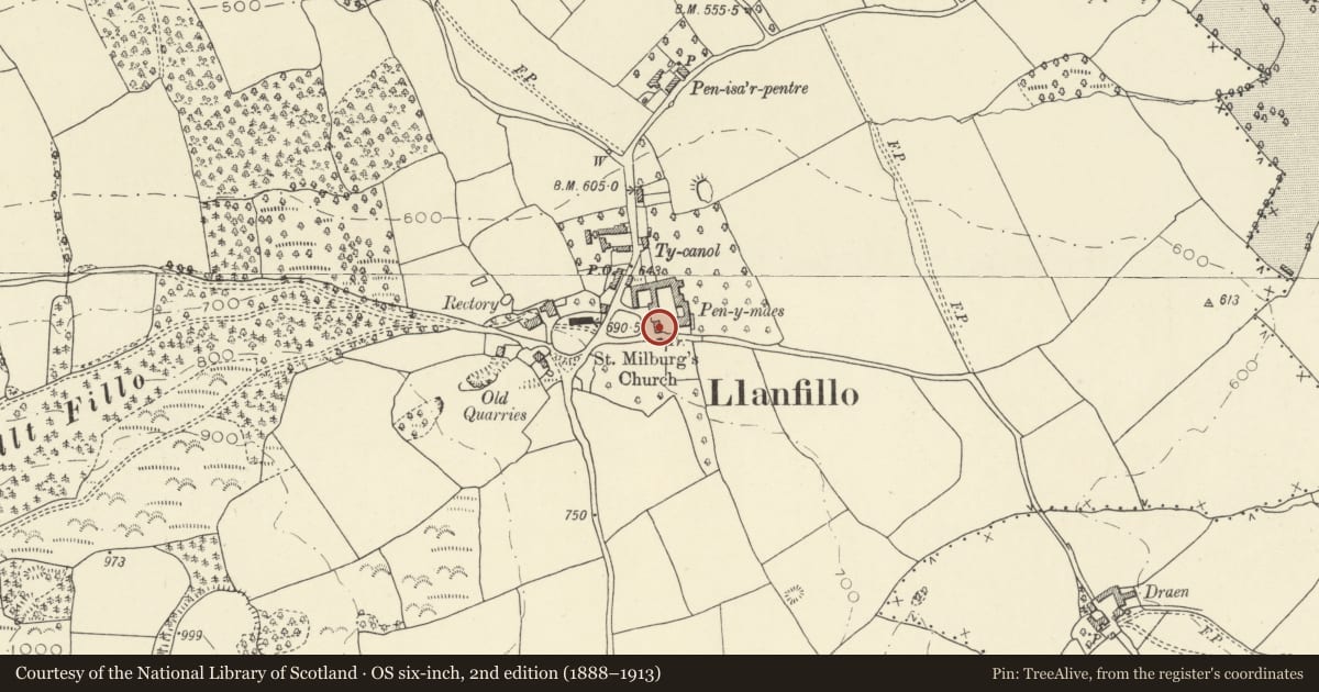 Ordnance Survey six-inch map, 2nd edition (1888–1913) covering the location of Lofted stable at Penmaes, Felin-Fach, Powys, with a pin at the register's coordinates
