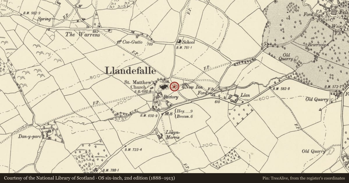 Ordnance Survey six-inch map, 2nd edition (1888–1913) covering the location of Lychgate to Church of Saint Matthew, Felin-Fach, Powys, with a pin at the register's coordinates