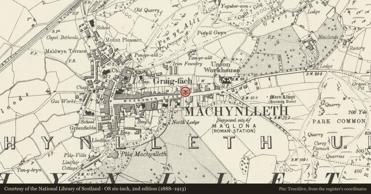 Ordnance Survey six-inch map, 2nd edition (1888–1913) covering the location of 97 Heol Maengwyn, Machynlleth, Powys, with a pin at the register's coordinates