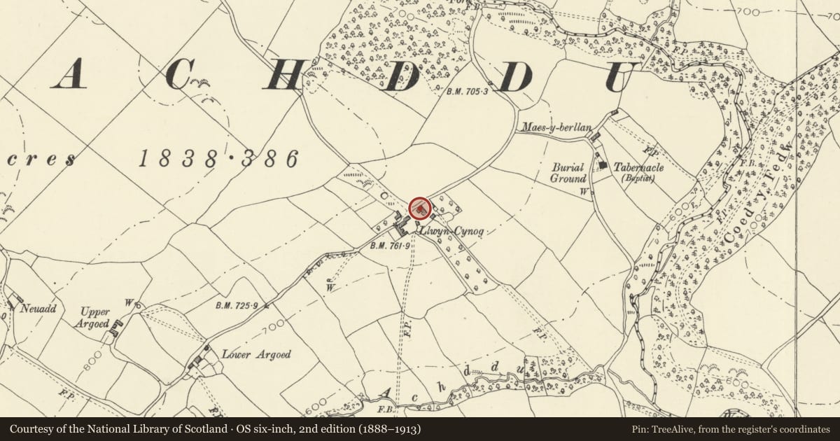 Ordnance Survey six-inch map, 2nd edition (1888–1913) covering the location of Old farmhouse at Llwyncynog including attached range to left, Felin-Fach, Powys, with a pin at the register's coordinates