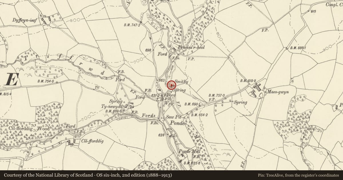 Ordnance Survey six-inch map, 2nd edition (1888–1913) covering the location of Outbuilding at the Old Smithy, Felin-Fach, Powys, with a pin at the register's coordinates