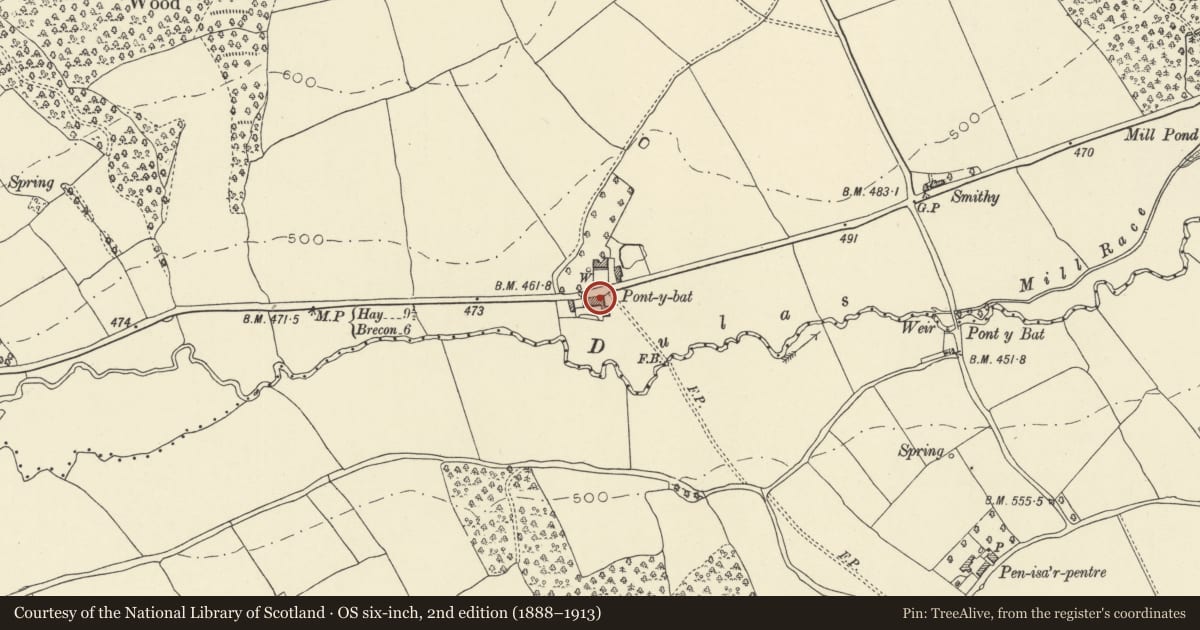 Ordnance Survey six-inch map, 2nd edition (1888–1913) covering the location of Outbuildings at Pontybat, Felin-Fach, Powys, with a pin at the register's coordinates