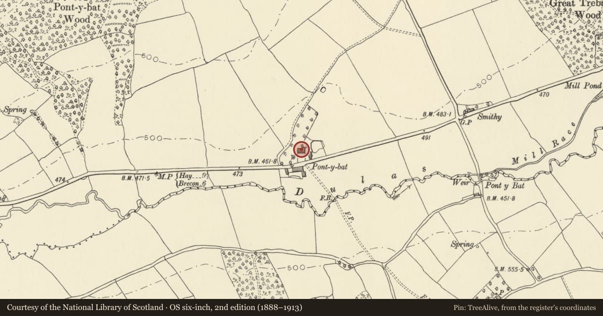 Ordnance Survey six-inch map, 2nd edition (1888–1913) covering the location of Pontybat, Felin-Fach, Powys, with a pin at the register's coordinates