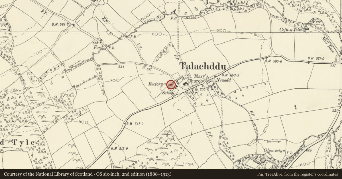 Ordnance Survey six-inch map, 2nd edition (1888–1913) covering the location of Talachddu House including outbuilding range to right, Felin-Fach, Powys, with a pin at the register's coordinates