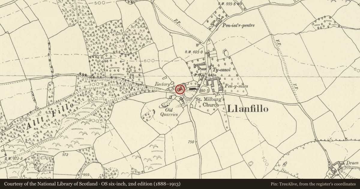 Ordnance Survey six-inch map, 2nd edition (1888–1913) covering the location of The Old Rectory, Felin-Fach, Powys, with a pin at the register's coordinates