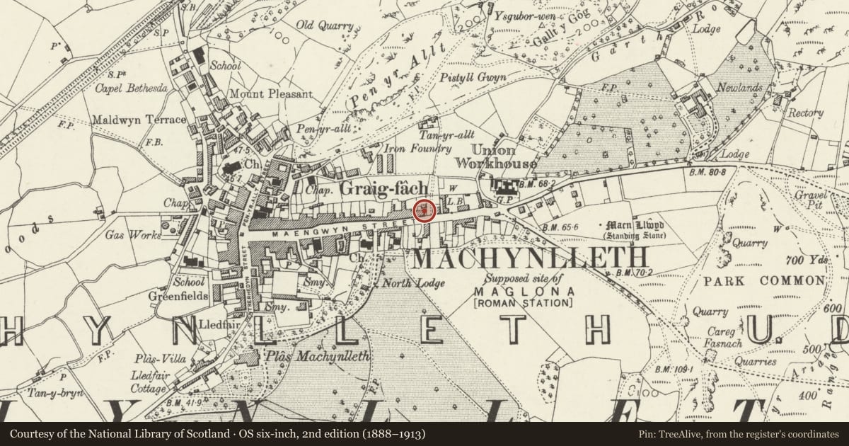 Ordnance Survey six-inch map, 2nd edition (1888–1913) covering the location of Pendre, Machynlleth, Powys, with a pin at the register's coordinates