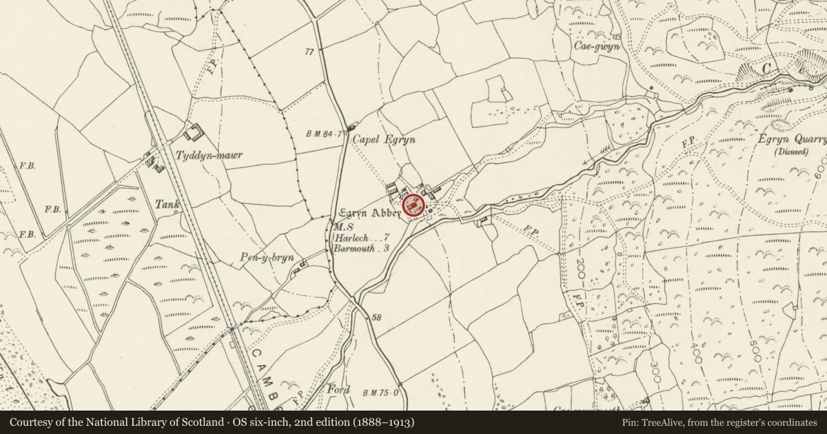 Ordnance Survey six-inch map, 2nd edition (1888–1913) covering the location of 'Old House' to south of Egryn Abbey, Dyffryn Ardudwy, Gwynedd, with a pin at the register's coordinates