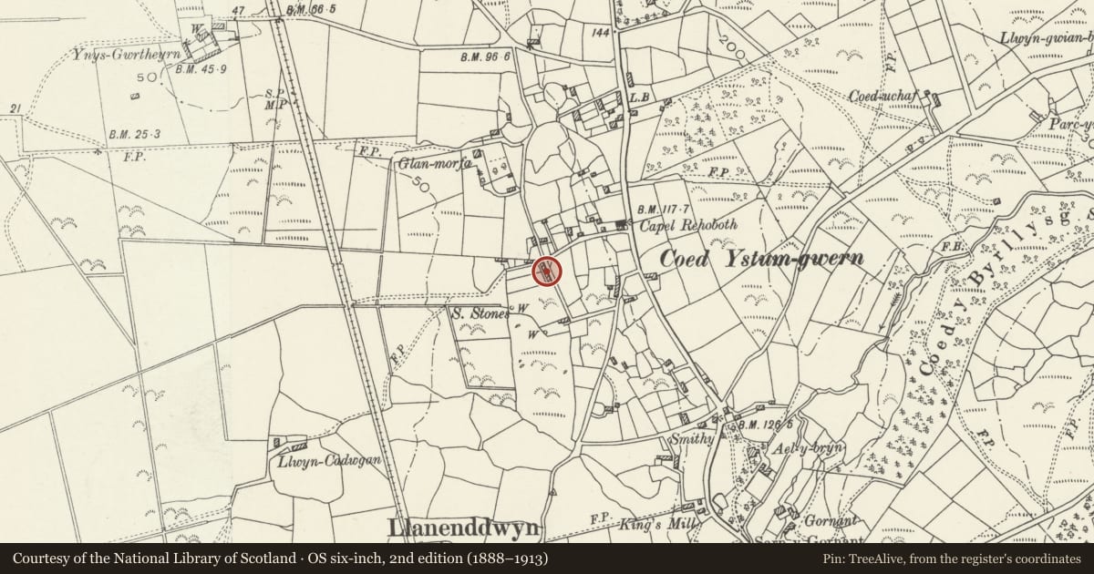 Ordnance Survey six-inch map, 2nd edition (1888–1913) covering the location of 3 Glanrhos Terrace, Dyffryn Ardudwy, Gwynedd, with a pin at the register's coordinates