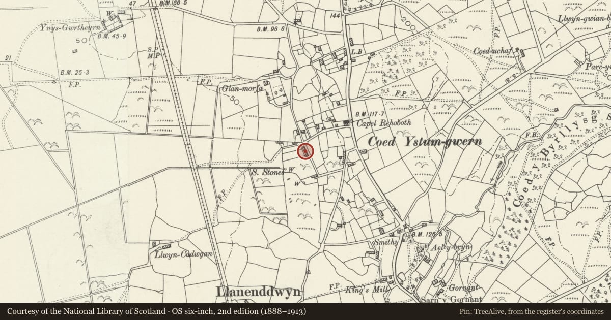 Ordnance Survey six-inch map, 2nd edition (1888–1913) covering the location of 4 Glanrhos Terrace, Dyffryn Ardudwy, Gwynedd, with a pin at the register's coordinates