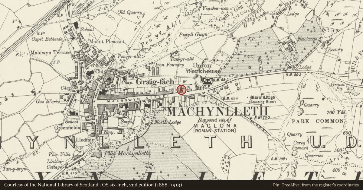 Ordnance Survey six-inch map, 2nd edition (1888–1913) covering the location of 113 Heol Maengwyn, Machynlleth, Powys, with a pin at the register's coordinates