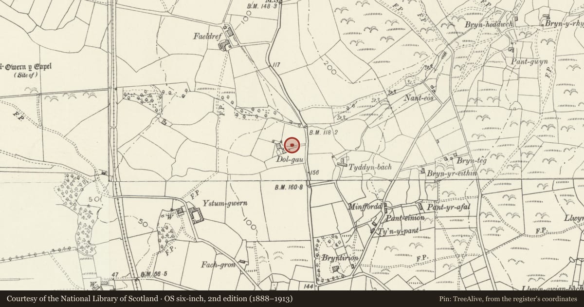 Ordnance Survey six-inch map, 2nd edition (1888–1913) covering the location of Brewhouse at Dolgau, Dyffryn Ardudwy, Gwynedd, with a pin at the register's coordinates