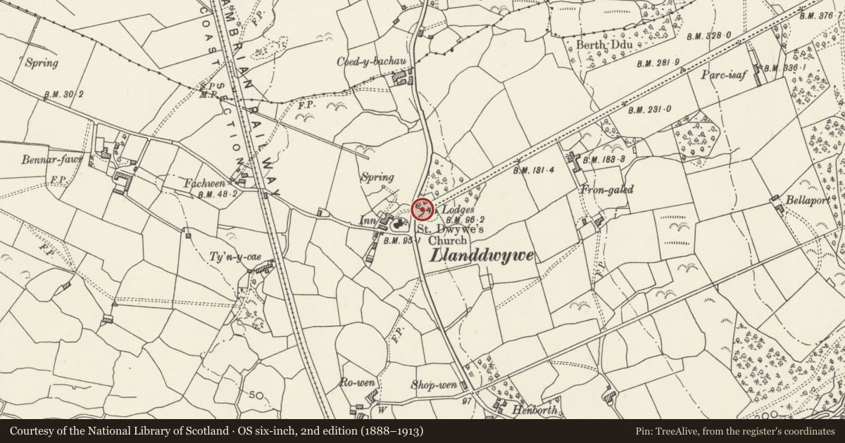 Ordnance Survey six-inch map, 2nd edition (1888–1913) covering the location of Entrance gates, piers and walling at Cors y Gedol Hall, Dyffryn Ardudwy, Gwynedd, with a pin at the register's coordinates