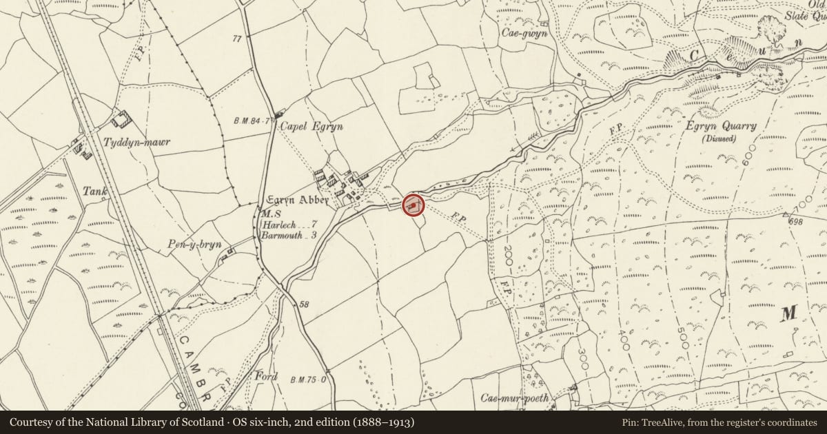 Ordnance Survey six-inch map, 2nd edition (1888–1913) covering the location of Field cow-house at Egryn, Dyffryn Ardudwy, Gwynedd, with a pin at the register's coordinates