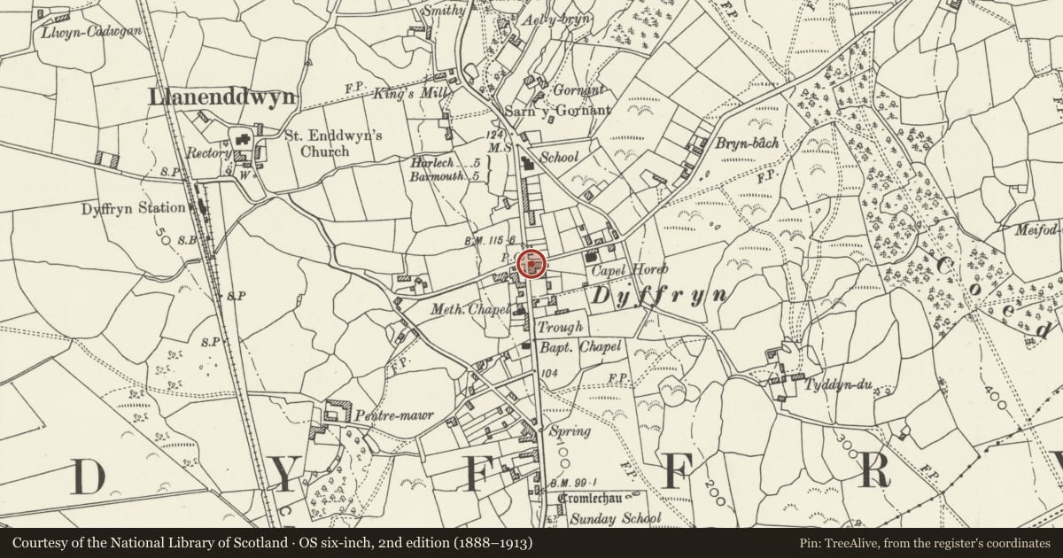 Ordnance Survey six-inch map, 2nd edition (1888–1913) covering the location of Former Post Office (Known as Ty Cennin), Dyffryn Ardudwy, Gwynedd, with a pin at the register's coordinates