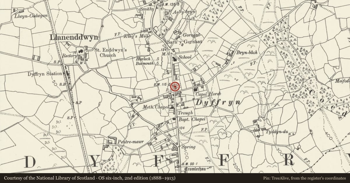 Ordnance Survey six-inch map, 2nd edition (1888–1913) covering the location of Liverpool House, Dyffryn Ardudwy, Gwynedd, with a pin at the register's coordinates