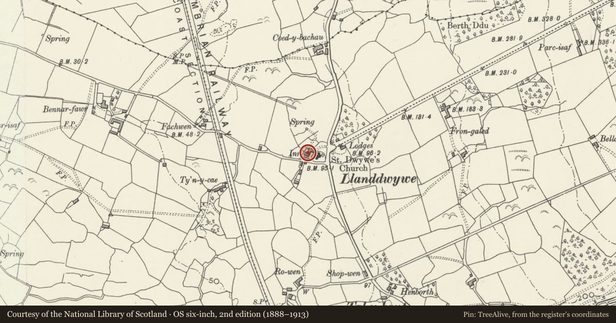 Ordnance Survey six-inch map, 2nd edition (1888–1913) covering the location of Llanddwywe Farm, Dyffryn Ardudwy, Gwynedd, with a pin at the register's coordinates