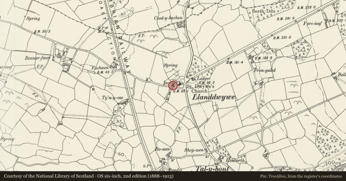 Ordnance Survey six-inch map, 2nd edition (1888–1913) covering the location of Lofted stables and cartshed range at Llanddwywe Farm, Dyffryn Ardudwy, Gwynedd, with a pin at the register's coordinates