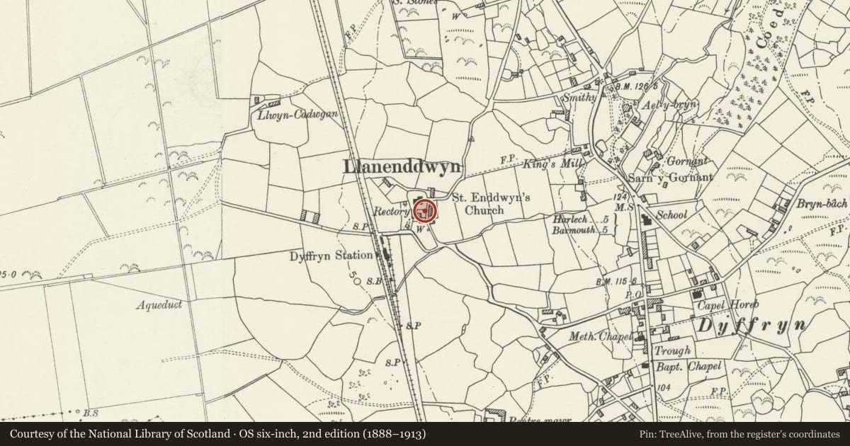 Ordnance Survey six-inch map, 2nd edition (1888–1913) covering the location of Lychgate at Church of St. Enddwyn, Dyffryn Ardudwy, Gwynedd, with a pin at the register's coordinates