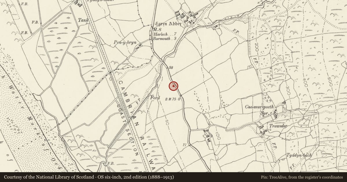 Ordnance Survey six-inch map, 2nd edition (1888–1913) covering the location of Milepost, Dyffryn Ardudwy, Gwynedd, with a pin at the register's coordinates