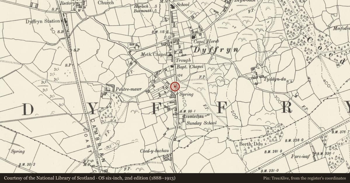 Ordnance Survey six-inch map, 2nd edition (1888–1913) covering the location of Milepost, Dyffryn Ardudwy, Gwynedd, with a pin at the register's coordinates
