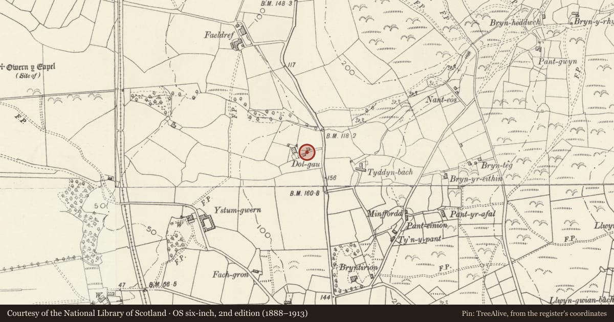 Ordnance Survey six-inch map, 2nd edition (1888–1913) covering the location of Rootclamp at Dolgau, Dyffryn Ardudwy, Gwynedd, with a pin at the register's coordinates