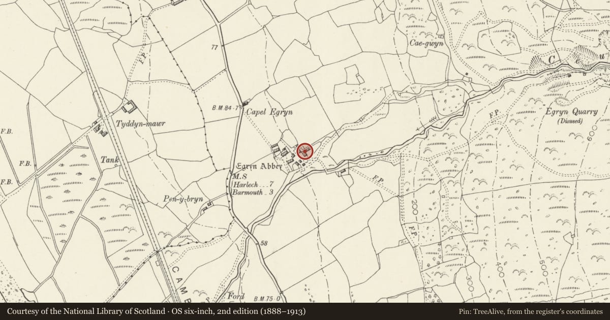 Ordnance Survey six-inch map, 2nd edition (1888–1913) covering the location of Stable, cartshed and attached cowhouse at Egryn, Dyffryn Ardudwy, Gwynedd, with a pin at the register's coordinates