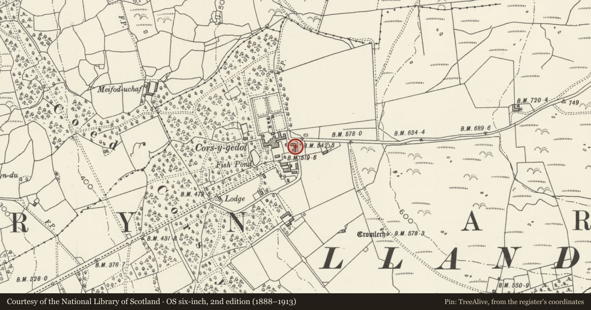 Ordnance Survey six-inch map, 2nd edition (1888–1913) covering the location of Stables and cartshed adjoining cornbarn at Cors y Gedol Hall, Dyffryn Ardudwy, Gwynedd, with a pin at the register's coordinates