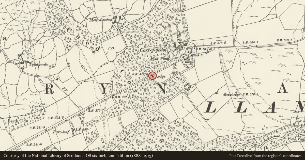 Ordnance Survey six-inch map, 2nd edition (1888–1913) covering the location of Upper Lodge at Cors y Gedol Hall, Dyffryn Ardudwy, Gwynedd, with a pin at the register's coordinates
