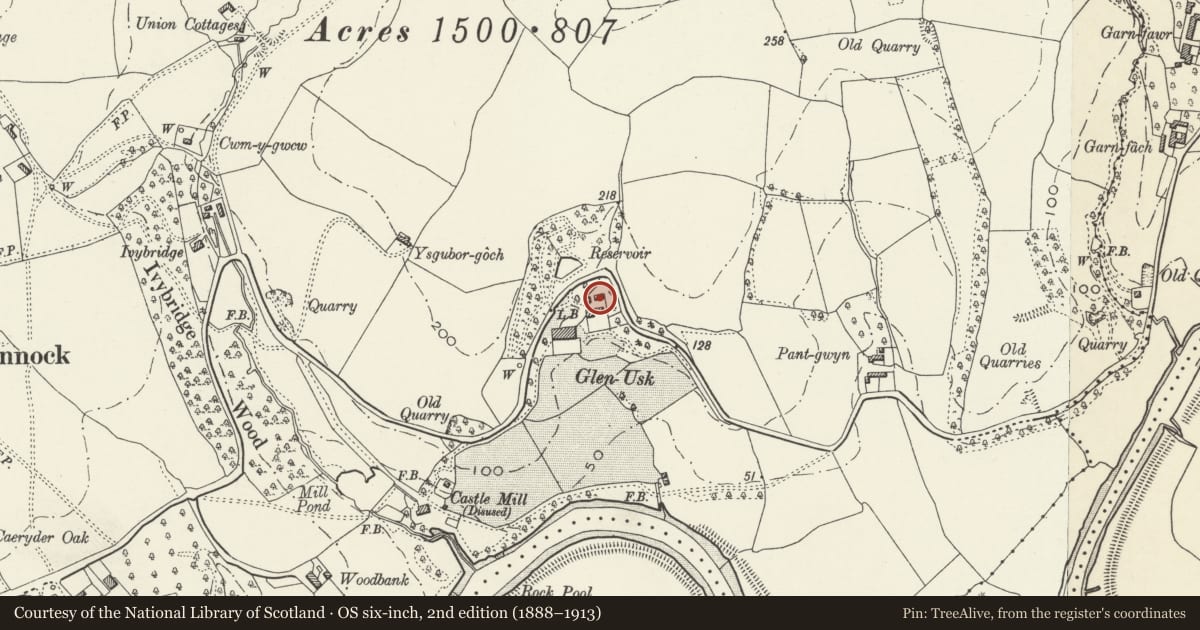 Ordnance Survey six-inch map, 2nd edition (1888–1913) covering the location of Stable Court at Glen Usk, including fountain to south-west, Llangybi, Monmouthshire, with a pin at the register's coordinates