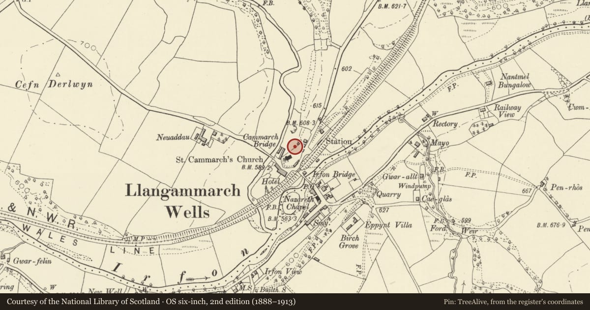 Ordnance Survey six-inch map, 2nd edition (1888–1913) covering the location of Church of Saint Cadmarch, Llangamarch, Powys, with a pin at the register's coordinates
