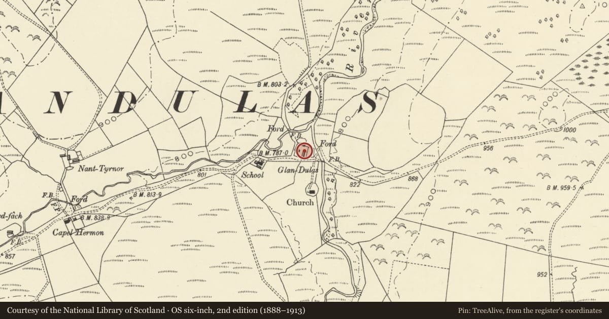 Ordnance Survey six-inch map, 2nd edition (1888–1913) covering the location of Llandulas, Llangamarch, Powys, with a pin at the register's coordinates
