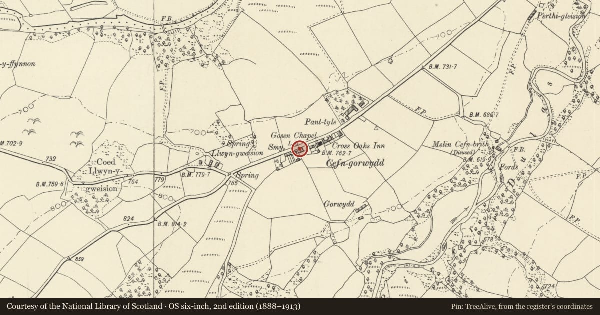 Ordnance Survey six-inch map, 2nd edition (1888–1913) covering the location of Old Post Office, Llangamarch, Powys, with a pin at the register's coordinates