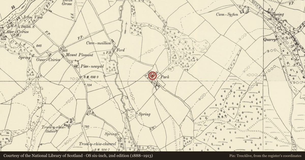 Ordnance Survey six-inch map, 2nd edition (1888–1913) covering the location of Parc Farm, Llangamarch, Powys, with a pin at the register's coordinates