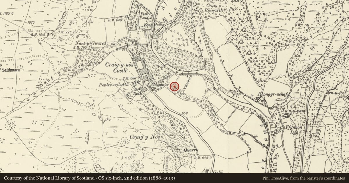 Ordnance Survey six-inch map, 2nd edition (1888–1913) covering the location of Garden pavilion at Craig-y-nos, Tawe-Uchaf, Powys, with a pin at the register's coordinates