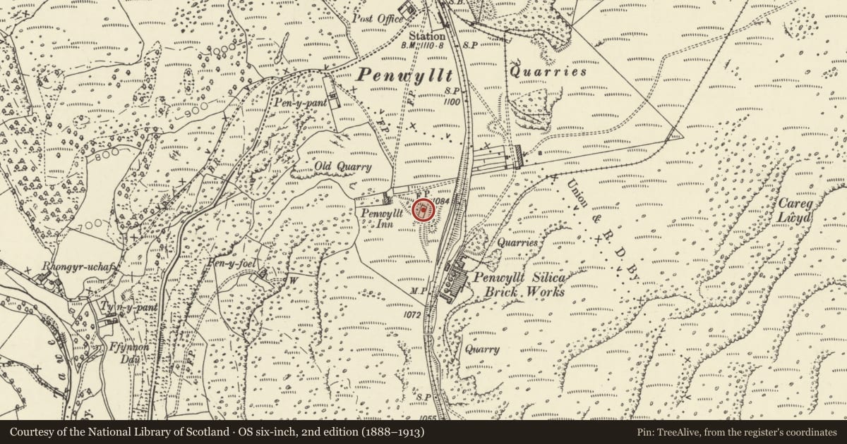 Ordnance Survey six-inch map, 2nd edition (1888–1913) covering the location of Pen-y-Foel Limekilns, Tawe-Uchaf, Powys, with a pin at the register's coordinates