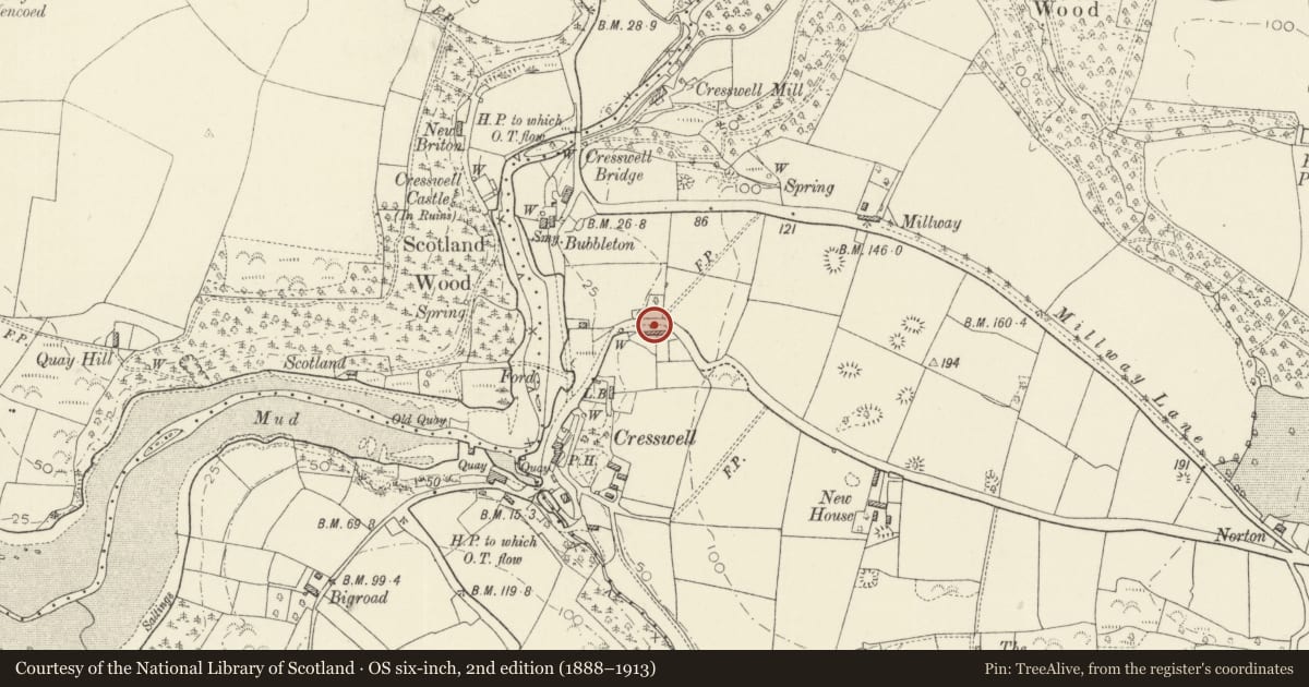 Ordnance Survey six-inch map, 2nd edition (1888–1913) covering the location of The Cobblers Shop, Jeffreyston, Pembrokeshire, with a pin at the register's coordinates