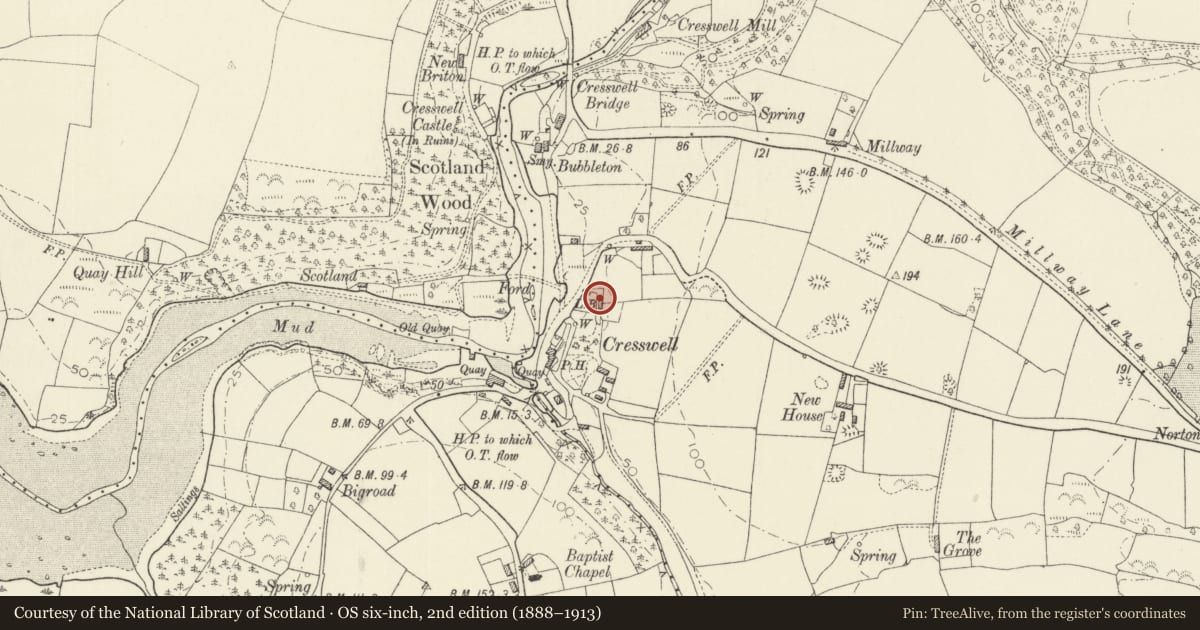 Ordnance Survey six-inch map, 2nd edition (1888–1913) covering the location of Kiln Cottage, Jeffreyston, Pembrokeshire, with a pin at the register's coordinates
