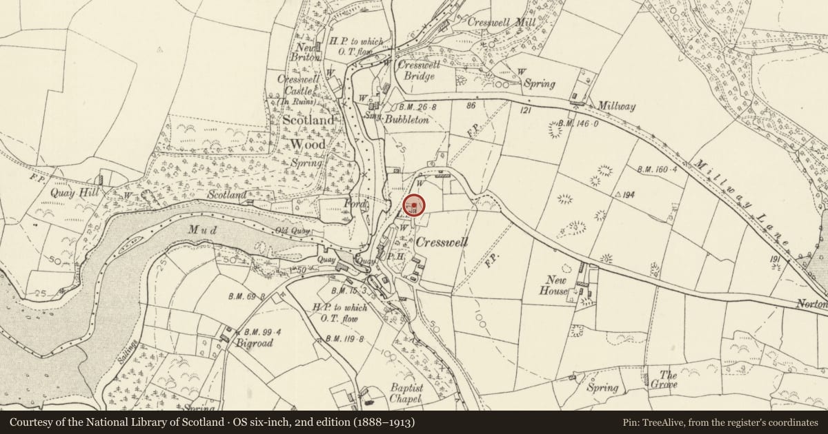 Ordnance Survey six-inch map, 2nd edition (1888–1913) covering the location of Out-kitchen at Kiln Cottage, Jeffreyston, Pembrokeshire, with a pin at the register's coordinates