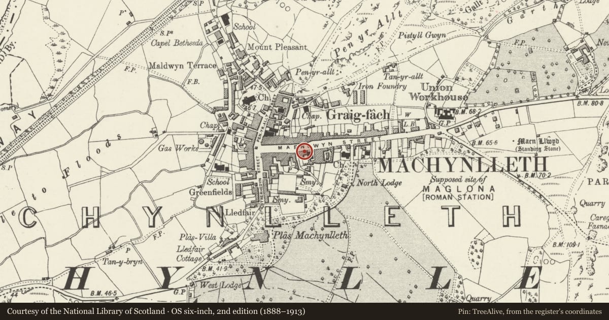Ordnance Survey six-inch map, 2nd edition (1888–1913) covering the location of 32 Heol Maengwyn, Machynlleth, Powys, with a pin at the register's coordinates