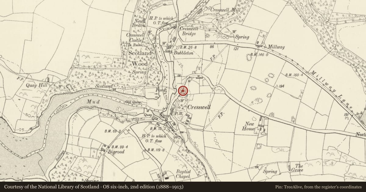 Ordnance Survey six-inch map, 2nd edition (1888–1913) covering the location of Old Carpenters Shop, Jeffreyston, Pembrokeshire, with a pin at the register's coordinates