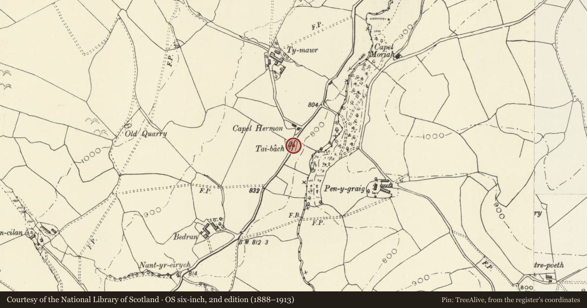 Ordnance Survey six-inch map, 2nd edition (1888–1913) covering the location of Telephone Call-box at Tai-bach, Llanrhaeadr-ym-Mochnant, Powys, with a pin at the register's coordinates