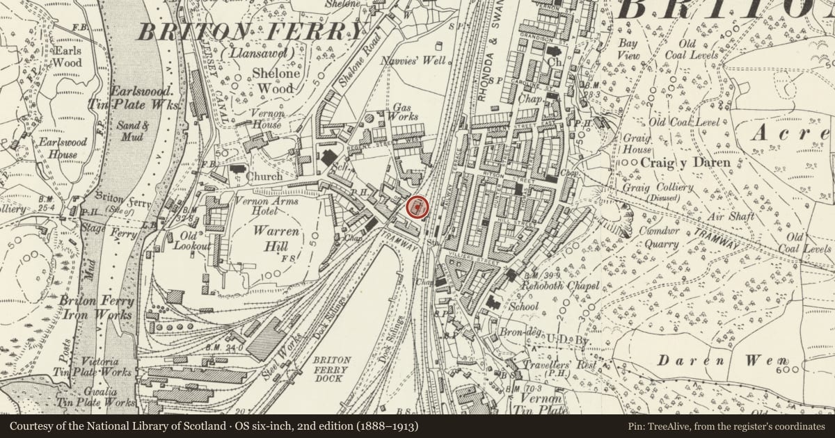 Ordnance Survey six-inch map, 2nd edition (1888–1913) covering the location of Former Steam Power House at Briton Ferry Docks, Neath Port Talbot, with a pin at the register's coordinates
