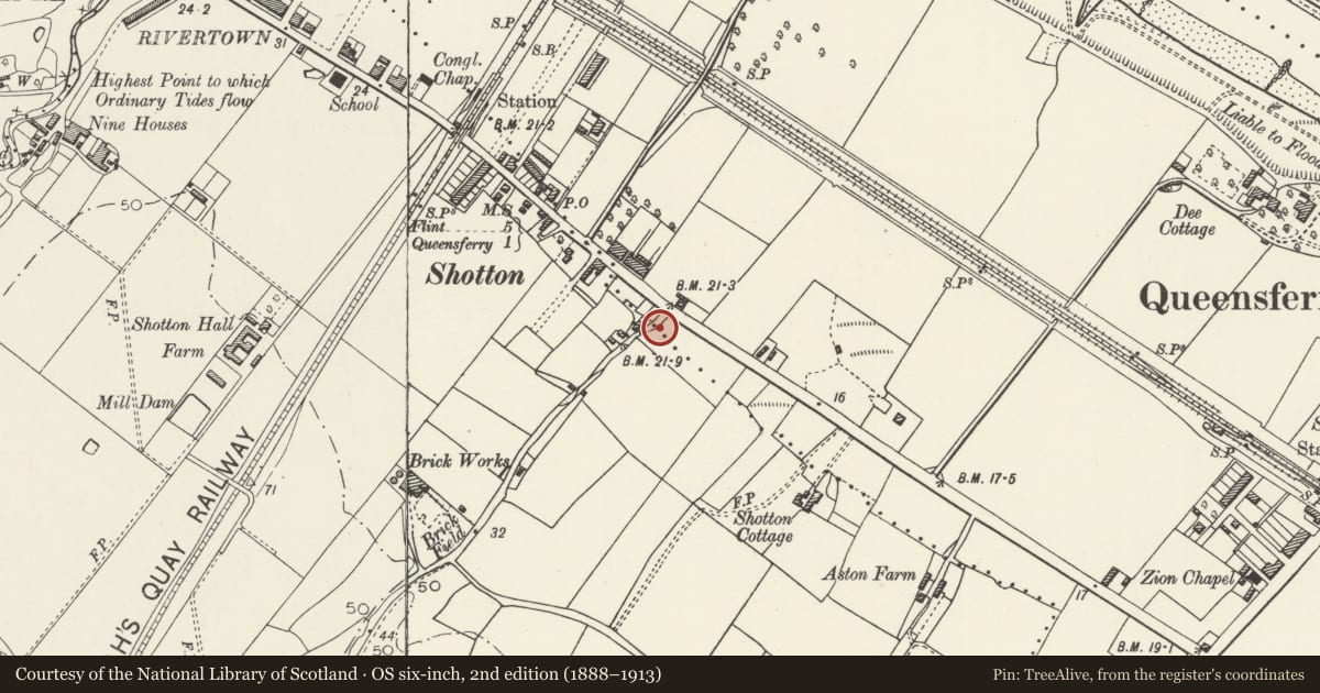Ordnance Survey six-inch map, 2nd edition (1888–1913) covering the location of Churchyard boundary wall, Church of St Ethelwold, Shotton, Flintshire, with a pin at the register's coordinates