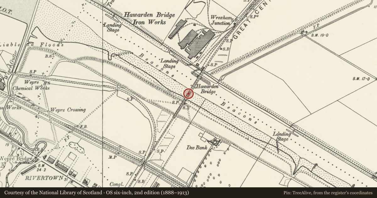 Ordnance Survey six-inch map, 2nd edition (1888–1913) covering the location of Hawarden Bridge (partly in Sealand community), Shotton, Flintshire, with a pin at the register's coordinates
