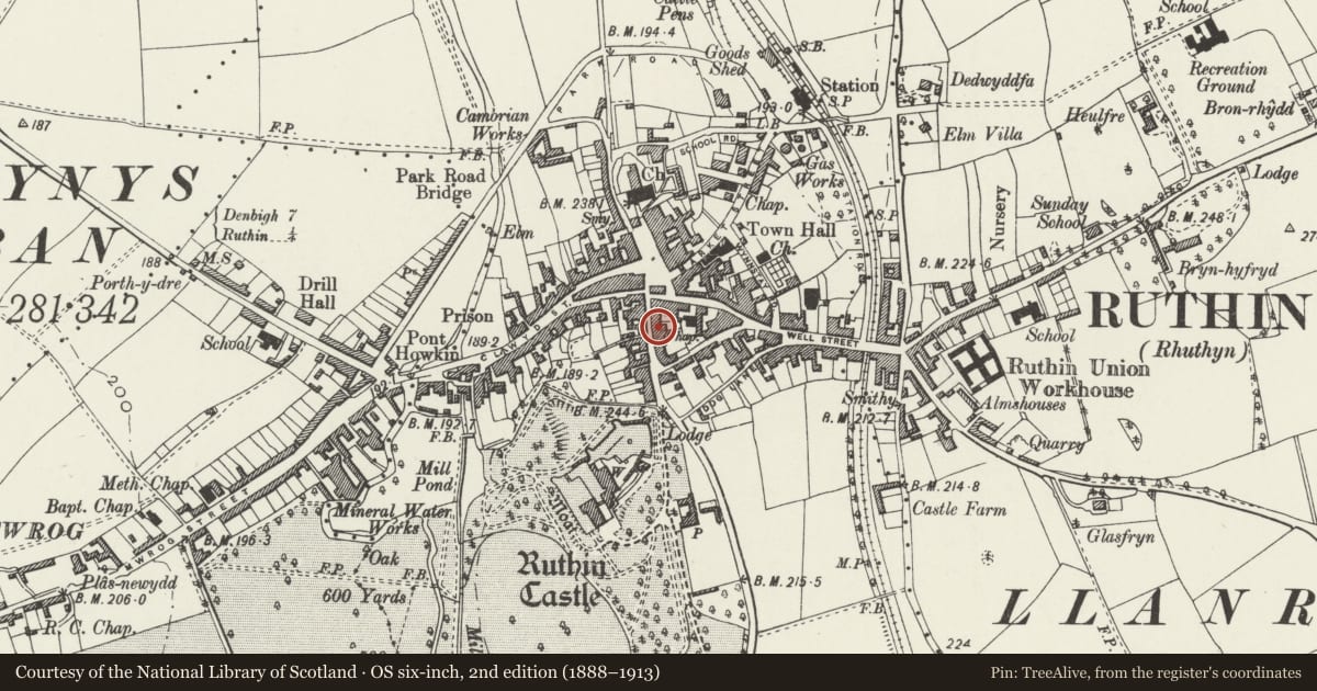 Ordnance Survey six-inch map, 2nd edition (1888–1913) covering the location of Sir John Trevor House, including N Wing, Ruthin, Denbighshire, with a pin at the register's coordinates