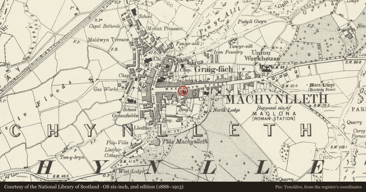 Ordnance Survey six-inch map, 2nd edition (1888–1913) covering the location of 34 Heol Maengwyn, Machynlleth, Powys, with a pin at the register's coordinates