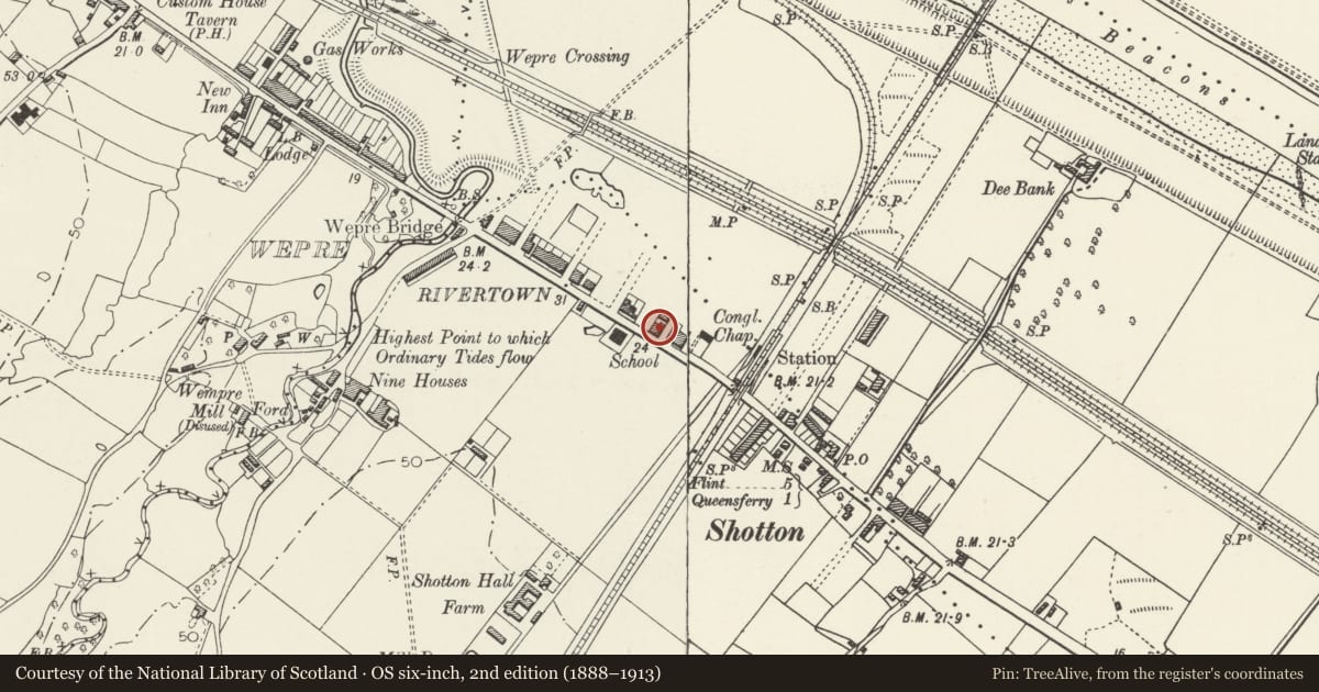 Ordnance Survey six-inch map, 2nd edition (1888–1913) covering the location of The Clwyd PH, Shotton, Flintshire, with a pin at the register's coordinates